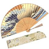 Zolee Small Folding Hand Fan - Chinese Japanese Vintage Bamboo Silk Fans - for Dance, Performance, Decoration, Wedding, Party, Gift (Kanagawa Sea Waves) 0201