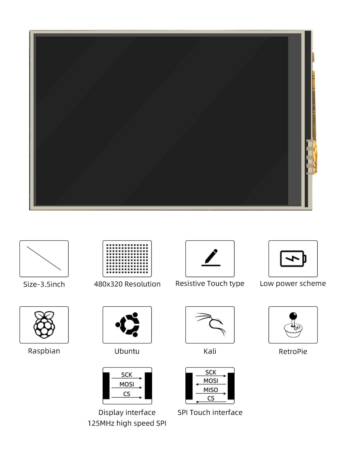 CUQI Ekran dotykowy 3,5 cala, 480 x 320 pikseli, 60 kl./s, mini monitor z rysikiem i mini wentylatorem, do Raspberry Pi 3/4/5