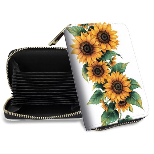 DHYYDSQZ Credit Card Holder with Zipper, Slim RFID Blocking Card Wallet for Women Men Art Sunflower Design PU Leather Small Accordion Card Case Wallet, ID Card Organizer, Pocket Business Card Case