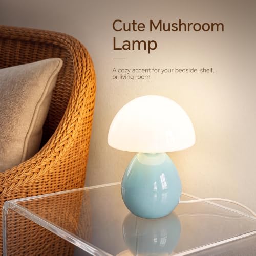 Image of Dawnwake Mushroom Lamp Table Lamp for Bedroom-Small Desk Table Lamps,Blue | Ice Crackle 10.08 inch Mid Century Modern Table Lamps for Living Room Bedroom Decor,Ceramic Lamps for Home Room Decor,Glass Shade