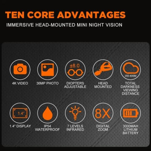 Head Mounted 4K HD Night Vision, 8X Zoom Night Vision Monocular Digital Infrared Monocular, with Photo and Video Shooting, Built-in 3000mAh Lithium Battery IP54, for Hunting, Camping, Surveillance - Thumbnail 7