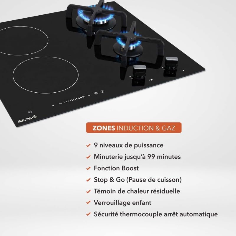 BELDEKO Plaque Mixte 2 Gaz + 2 Induction 6900W - Marque Française