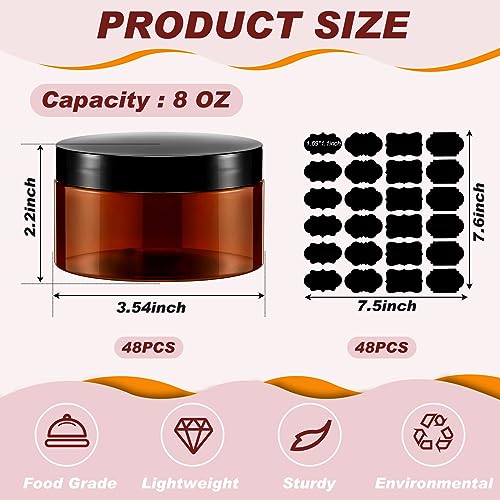 Uiifan 48 Pcs 8 oz Plastic Cosmetic Jars with Lids and Labels Empty Refillable Cosmetic Leak Proof Containers Lotion Jars for Cream Body Butters Powder Ointment Lip Scrub (Amber)2