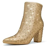 Rollda SUEDI Rhinestone Boots for Women, Sparkly Ankle Booties with Pointed Toe, Ladies Block Chunky Heel Glitter Boots