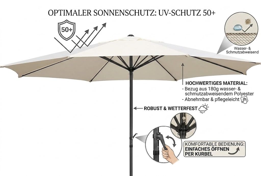 Gardissimo Sonnenschirm New Sunny 400 cm Natur Rund | UV Schutz 50+, Kurbel, Kurbelschirm, Marktschirm, Garten