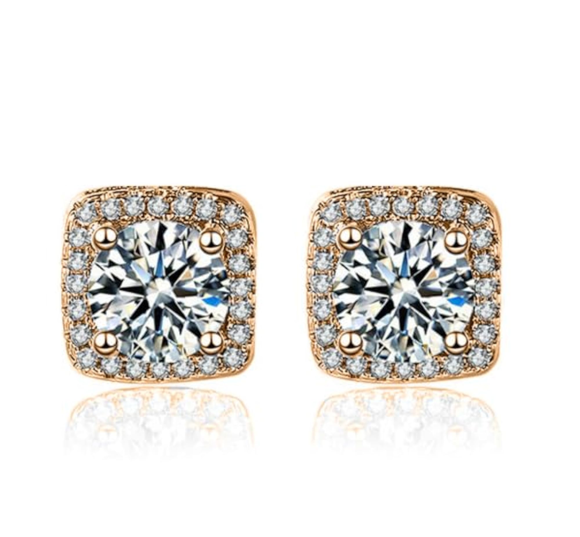 Square Halo Zirconia Stud Earrings, Hypoallergenic, Geometric Design