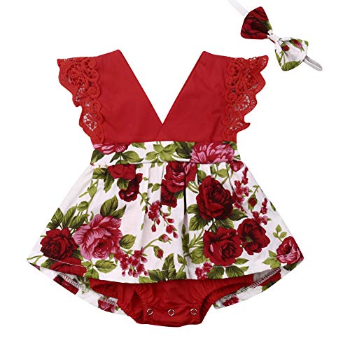Newborn Baby Girl One-Piece Jumpsuit Clothing Floral Rose Sleeveless Tutu Skirt Romper Bodysuit with Haedband 2Pcs Outfit(A Rose-Red, 0-6 Months)