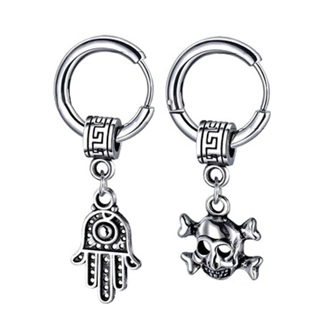Men Fatima Hamsa Hand Palm With Gothic Skeleton Head Dangle Titanium Steel Piercing Jewelry Silver Stainless Steel Hoop Earrings For Men And Women-image-35