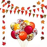 Fall Thanksgiving Party Decorations, Orange Gold Red Triangle Bunting Banner, Fall Leaves Garland and Mix Colored Confetti Balloons, Hanging Banner Garland Decorations for Autumn Party, Fall Birthday