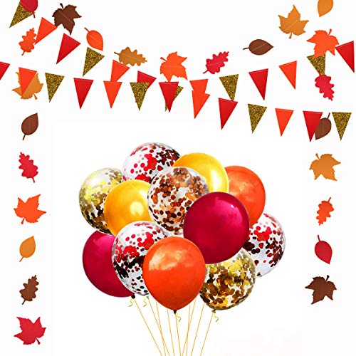 Fall Thanksgiving Party Decorations, Orange Gold Red Triangle Bunting Banner, Fall Leaves Garland and Mix Colored Confetti Balloons, Hanging Banner Garland Decorations for Autumn Party, Fall Birthday
