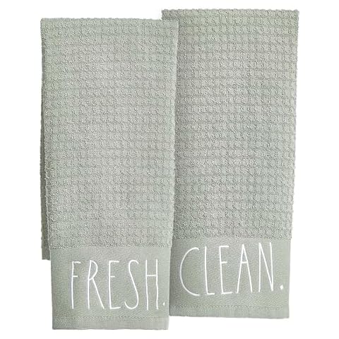 Rae Dunn Hand Towels, Embroidered Decorative Hand Towel for Kitchen and Bathroom, 100% Cotton, Sage- Fresh/Clean, 16"x 26" Cover