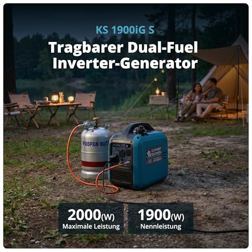 Könner & Söhnen Inverter Stromerzeuger KS 1900iG S, 2000W Dual Fuel Generator (LPG/Benzin), Notstromaggregat Leise, 17kg Ultraleicht, Reine Sinuswelle, Eco-Mode, USB, Euro-5