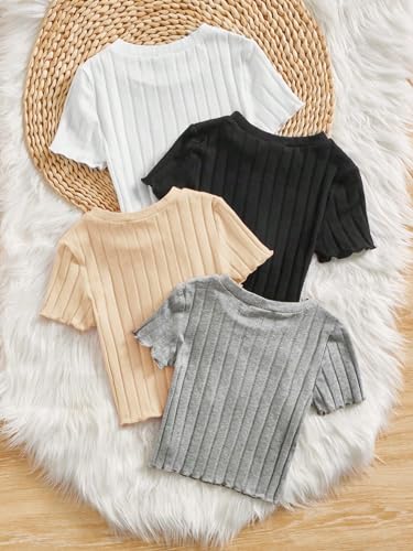 Image of WDIRARA Toddler Girl's Lettuce Trim Ribbed Knit Round Neck Short Sleeve Tee Top 4 Piece Set