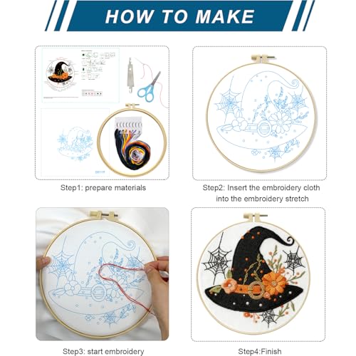 Image of Zhenqing Halloween Witch Hat Embroidery Kit for Beginners, Black Witch Hat Needlework Kit with Pre-Printed Cotton Fabric, Hoop, Threads & Tools, Spooky Fall Decor (C0119)