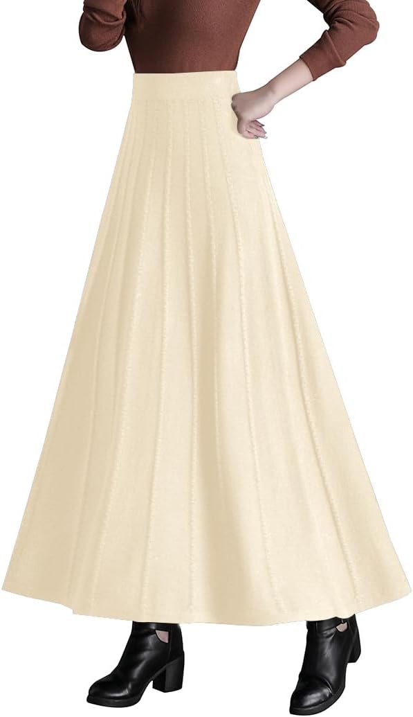 Womens Flared Wool Maxi Skirt High Waist A-line Elastic Fall Flowy Swing Comfy Pleated Plaid Long Skirts S-3XL
