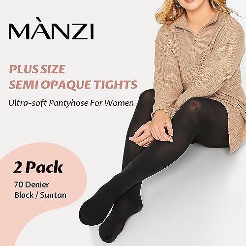 MANZI Plus Size Opaque Control Top Tights for Women 70 Denier Run Resistant High Waist Pantyhose2