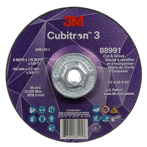 Image of 3M Cubitron 3 Cut and Grind Wheel, 88991, 36+, T27, 6 in x 1 /8 in x 5 /8 in-11, Pack of 10, ANSI, Longer Life, Faster Cut, Back-Gouging, Fillet Weld Removal, Cutting, Grinding