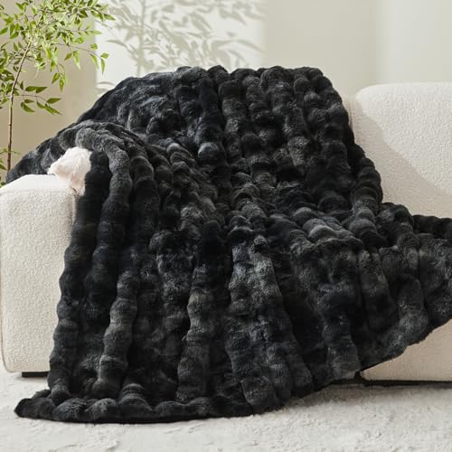 BEDELITE Faux Fur Throw Blanket for Couch, Decorative Tie-Dye Black Plush Bubble Blanket - Super Soft & Cozy Fluffy Faux Rabbit Fur Blanket for Women Gift, 50x60 Inches