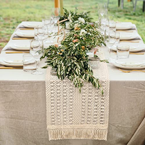 Eaezerav Boho Table Runner, Woven Cotton Crochet Macrame Table Runner, Rustic Table Runner with Tassels for Wedding Bridal Shower Farmhouse Dining Coffee Table Runner for Living Room