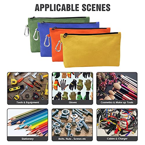 Canvas Zipper Tool Pouch, Heavy Duty Tool Pouch With Carabiner, Multipurpose Pouch Tote Bags With Dependable Durable Zippers, Orange/Golden Yellow/Olive/Navy Blue, 4 Pack #TOP4
