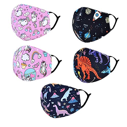 5Pack Reusable Washable Face Mask for Children Adjustable Ear Loops with Filter Pocket with 6 Pcs Replacement Filters (5 Pack Unicorn Dinosaur)