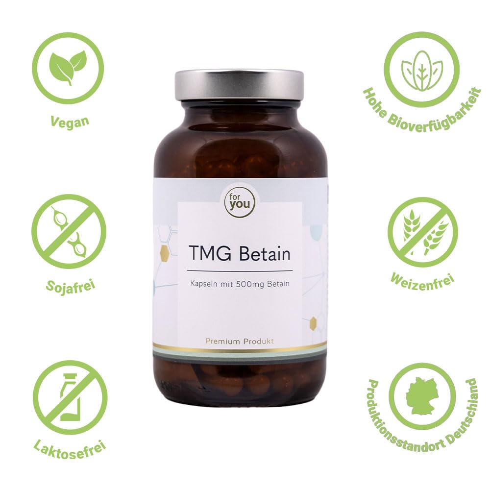 for you TMG Betain 120 Kapseln hochdosiert - 1500mg Betain (Trimethylglycin) pro Portion hochrein - Hochwertiger Betain-Extrakt, gewonnen aus Zuckerrüben - Nährstoff aus der Langlebigkeitsforschung