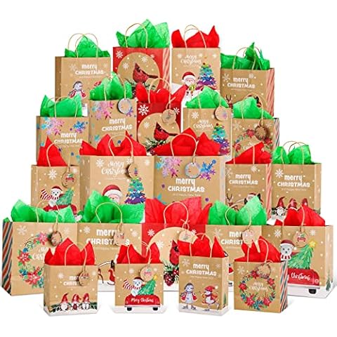 Giiffu 24 PCS Durable Christmas Kraft Gift Bags with 24 Tissue Paper and 24 Tags, 8 Styles 3 Sizes Reusable Xmas Gift Bags Bulk with Handle Cover