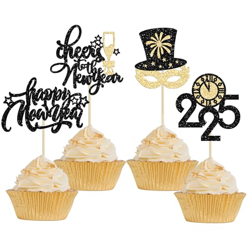 24Pcs Happy New Year Cupcake Toppers 2025 Glitter Cheers to the New Year Magic Hat 2025 Clock Cupcake Pick Decorations for 2025 Happy New Years Eve Party Supplies Black Gold
