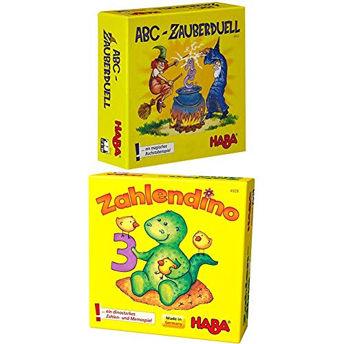 HABA Lernspiel: ABC-Zauberduell + Zahlendino - Lernspiel für Schulanfänger ab 6 Jahren - Buchstabenkarten, Zahlendino-Figur