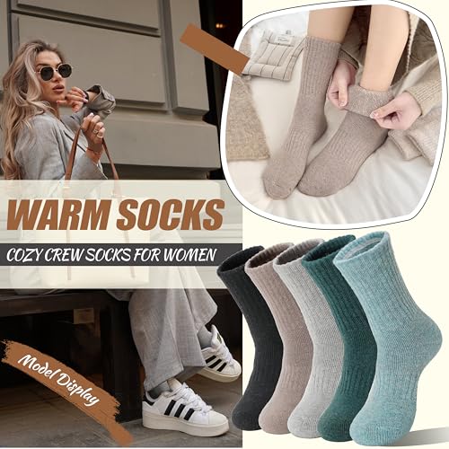 Image of EBMORE 5 Pairs Women Merino Wool Boot Socks Warm Thermal Winter Thick Hiking Cozy Cabin Crew Comfy Socks for Ladies