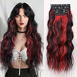 ALXNAN Clip in Long Wavy Hair Extension 20 Inch Black Red Highlights Hair Extensions 4PCS Thick Hairpieces Fiber Double Weft Hair for Women