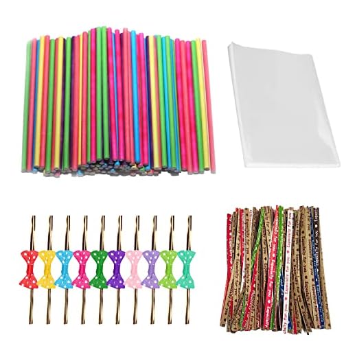PFLYPF Juego de 100 palitos de cake pop de colores, 100 bolsas planas transparentes, 100 corbatas de piel de vaca, 10 pajaritas, para hacer caramelos, pasteles