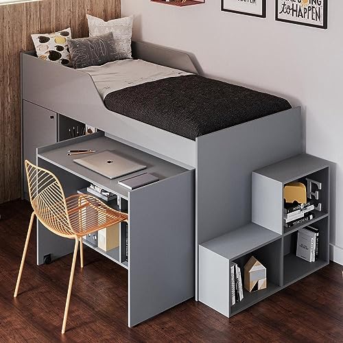 Cama Multifunção 1 Porta 2 Gavetas com Escrivaninha e Escada 3 Nichos Aila Cimol Grafite