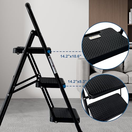 Image of 3 Step Ladder, Folding Step Stool with Wide Anti-Slip Pedal, 300 lbs Capacity Sturdy Steel Ladder, Ladder for Home, Garden, Painting, Outdoor, and Garage, Black