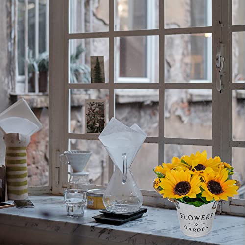 Blosmon Fake Sunflower Yellow Kitchen Decor 2Pcs Artificial Small Flowers In Metal Vase Potted Plants Silk Bouquet Centerpieces Outdoor Floral Arrangement Bathroom Table Decorations #TOP1