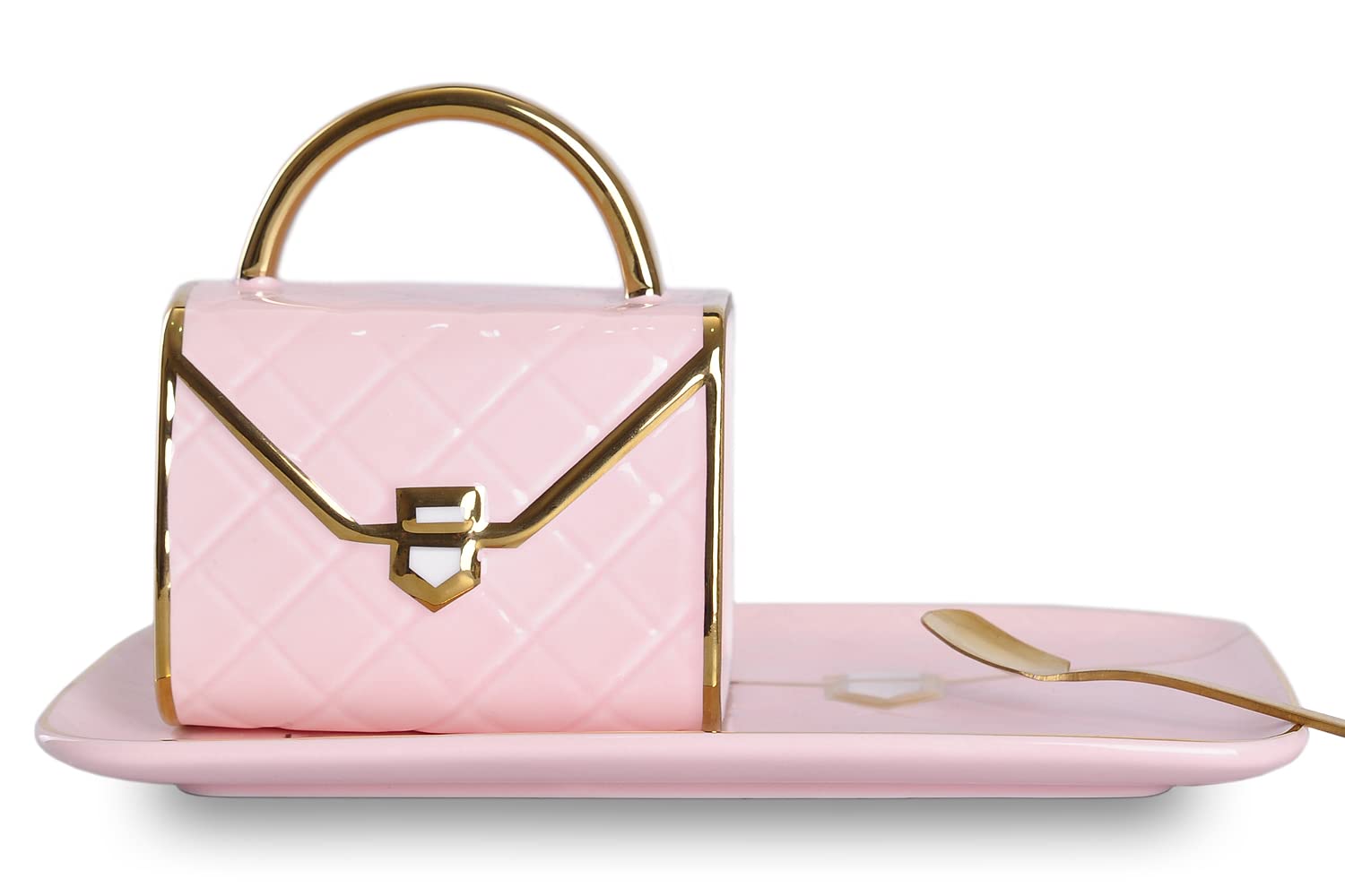 WHJY Unique Ceramic Pink Blue Coffee Mug, Cup and Saucer Set and Spoon, Cute Fancy Girly Afternoon Tea Set Purse Gift, 10 oz/300 ml, Pink