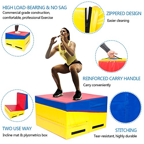 Matladin Folding Gymnastics Cheese Wedge Incline Mat, Gym Fitness Tumbling Skill Shape Mat For Kids Girls Home Training Exercise (55"X28"X14", Red+Yellow+Blue) #TOP5