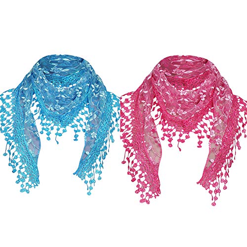 Women Hollow Lace Tassel Floral Print Triangle Mantilla Scarf 2Pack