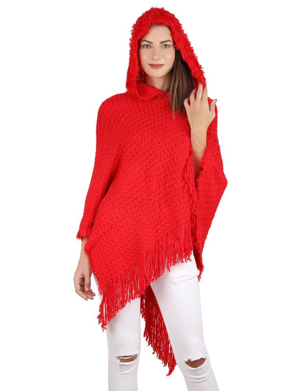 MANRA Ladies' Hooded Cape with Fringed Hem, Crochet Poncho Knitting Patterns for Women (SC 21/RED/M)-image-37