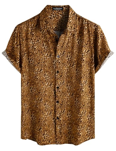 LucMatton Mens Vintage Hawaiian Shirt Tropical Print Short-Sleeve Button-Down Shirts Aloha Styles for Summer Vacation Leopard Print Large