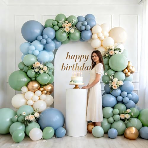 Image of Dusty Blue Green Balloon Arch Kit,White,Gold,144 pcs | Different Sizes for18 12 10 5 inch ,Baby Shower,Wedding,Bridal Boho, Birthday Party,Decorations