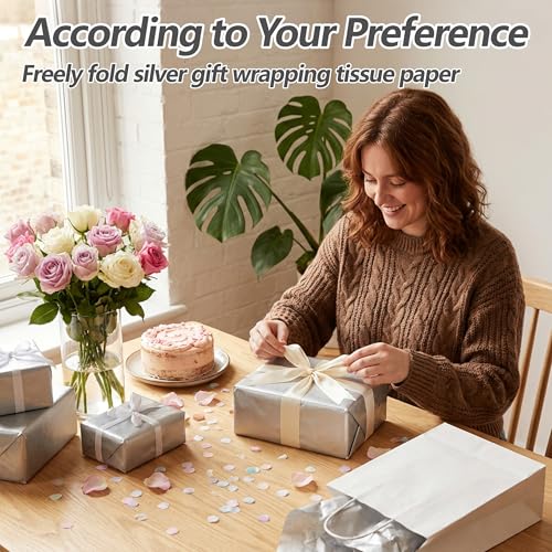 Image of Bobobag 100 Sheets Silver Tissue Paper,14 inchX20 inch Metallic Tissue Paper for Gift Bags, Birthday Anniversary Christmas Tissue Gift Wrapping, Holiday Decoration & Arts Craft