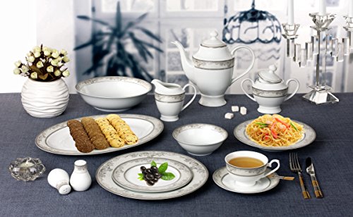 Lorren Home Trends 57 Piece 'Juliette' Bone China Dinnerware Set (Service For 8 People), Silver #TOP3