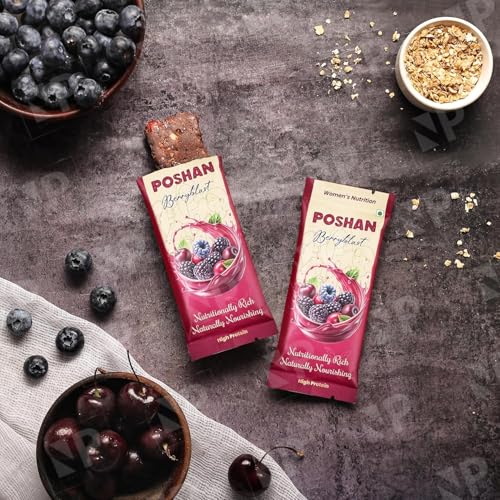 Image of POSHAN Women's Nutrition Berryblast Protein Bar, 40 g | 8g Protein with 4G Fiber |No Added Sugar, 100% Vegetarian & Gluten-Free| Made with Dates, Ragi and Superfoods|No Trans Fat |Pack of 3