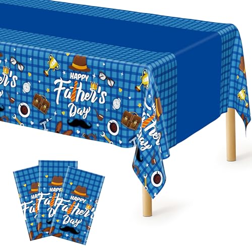 Image of QZYL 3Pcs Fathers Day Decorations, 108 inch X 54 inch Happy Father's Day Tablecloth, Disposable Blue Plastic Tablecloth, Rectangle Tie Hat Man Beard Father's Tablecloth for Dad Party Home Dinner Decor