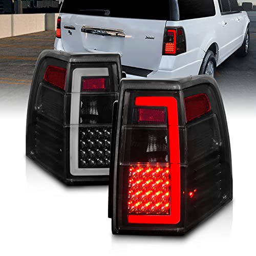 AmeriLite for 2007-2017 Ford Expedition [Full LED] C-Type Tube Sequential Siganl Smoke Black Replacement Tail Lights Set - Passenger and Driver Side