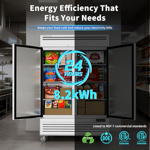 Image of Coolake 54 inch W Commercial Freezer, 49 Cu Ft Solid Door Upright Freezer with 8 Adjustable Shelves, -13F ~ -5F, Frost-free Stainless Steel Industrial Reach-in Freezer for School Restaurant Prep Kitchen