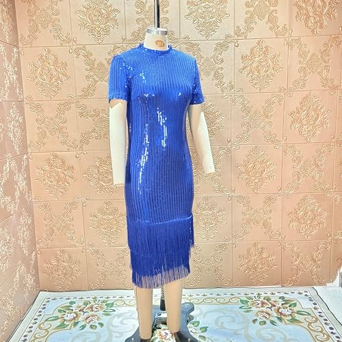 Image of Cololura Sexy Elegant Women Sequin Long Sleeve Tassel Bodycon Midi Dress Party Evening Gown Formal Dress