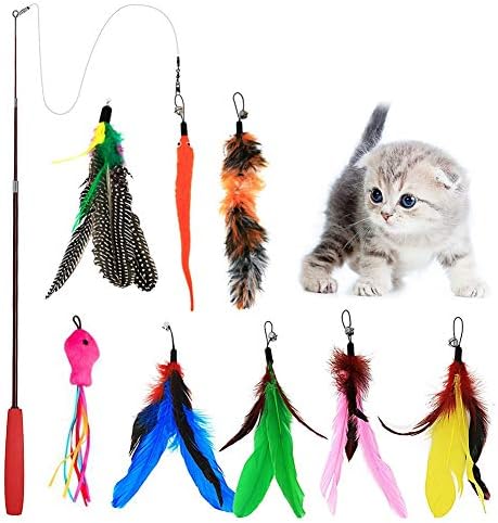 Blaoicni Cat Wand Feather Toys Retractable Interactive Cat Tease Toys with 8 Refills Feathers Birds Worms Fish for Cats Kitten.
