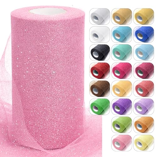 Light Pink Glitter Tulle Fabric Rolls 6 Inch x 50 Yards Sparkling Spool Ribbon Sequin Netting for DIY Tutu Skirt Wedding Decoration Valentines Day Party Backdrop Gift Wrapping Bow Craft Supplies